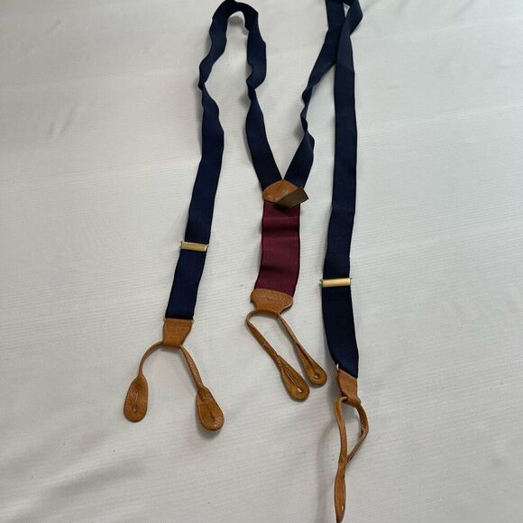 TRAFALGAR Navy Blue VTG Leather Tabs Suspenders Braces - Picture 1 of 5